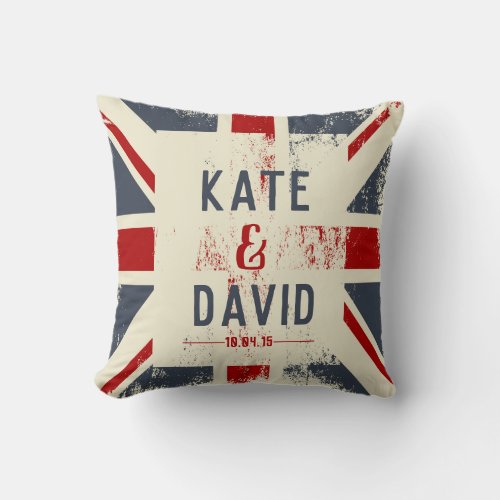 Distressed Union Jack Couples Names Wedding Gift Throw Pillow