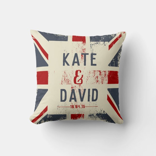 Distressed Union Jack Couple's Names Wedding Gift Throw Pillow (Front)