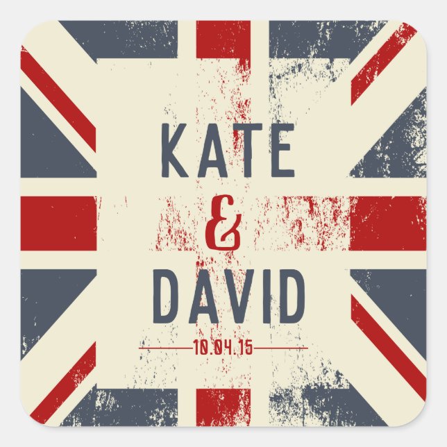 Distressed Union Jack Custom Wedding Favor Square Sticker (Front)