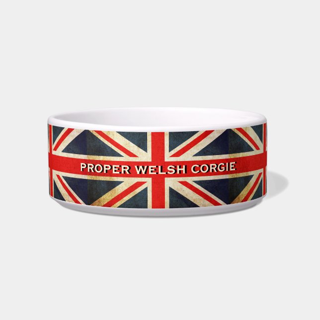 Distressed Union Jack Welsh Corgi Posh Pet Bowl (Front)