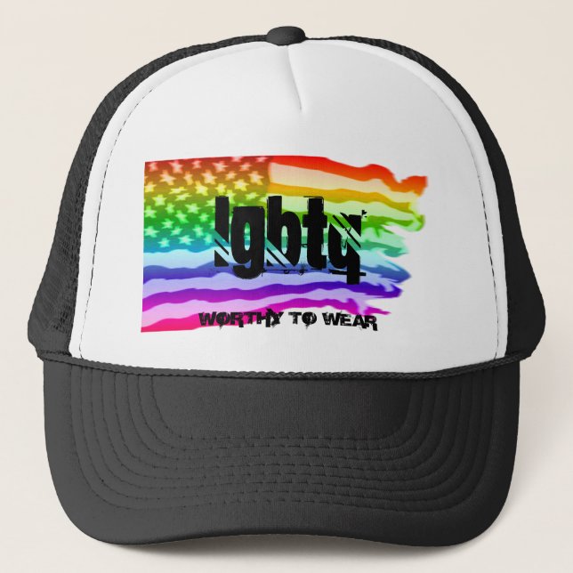 Distressed US Flag Rainbow- LGBTQ - Worthy To Wear Trucker Hat (Front)