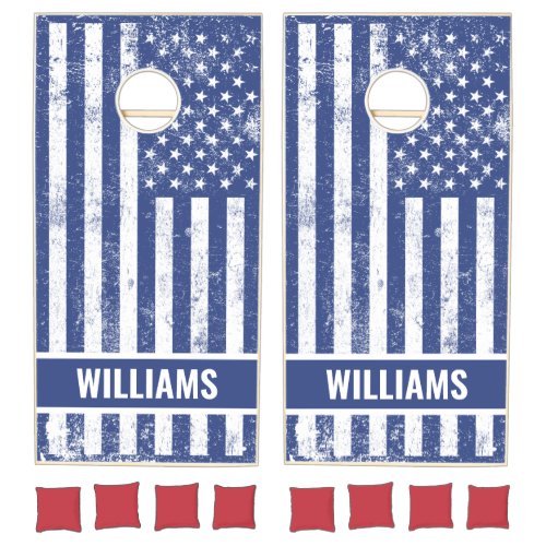 Distressed USA Flag Family Name Blue and White Cornhole Set