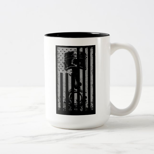 Distressed USA Flag Piston Muscle Car Illustration Two-Tone Coffee Mug (Right)