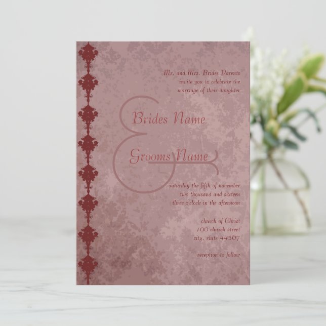 Distressed Victorian Maroon Damask Wedding  Invitation (Standing Front)
