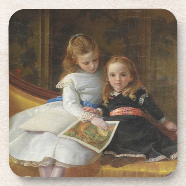 Distressed Victorian Two Young Girls Beverage Coaster (Front)