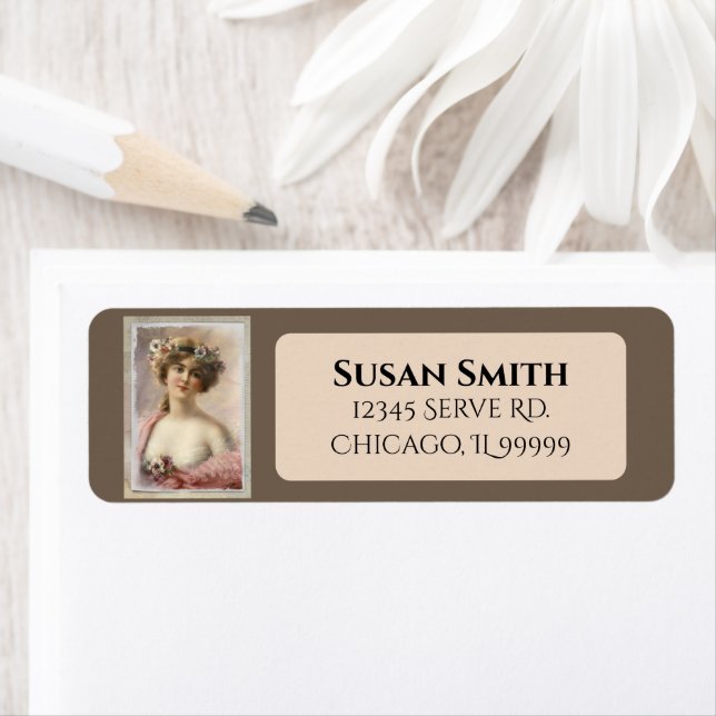 Distressed Victorian Woman Flowers Return Address Label (Insitu)