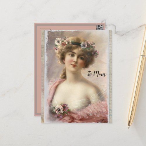 Distressed Victorian Woman wFlowers on Watercolor Holiday Postcard