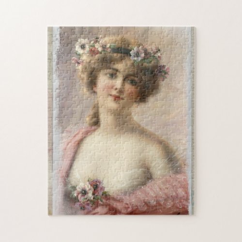 Distressed Victorian Woman wFlowers on Watercolor Jigsaw Puzzle