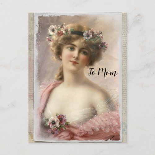Distressed Victorian Woman wFlowers on Watercolor Postcard