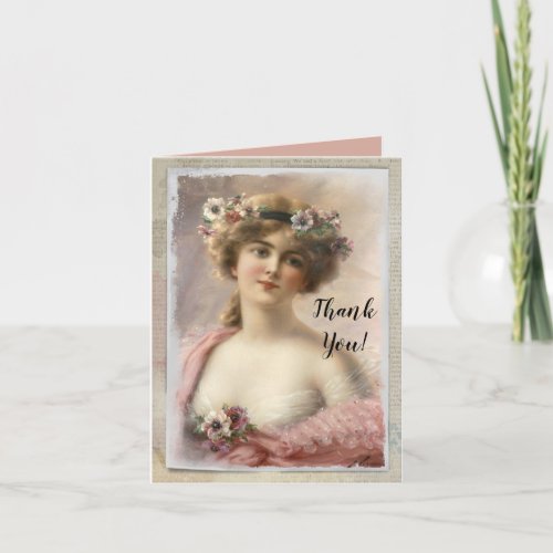 Distressed Victorian Woman wFlowers on Watercolor Thank You Card