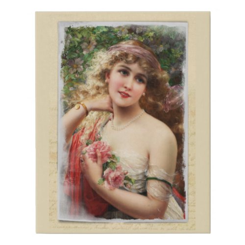 Distressed Victorian Woman with Pink Roses Faux Canvas Print