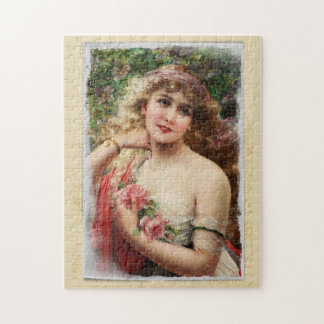 Distressed Victorian Woman with Pink Roses Jigsaw Puzzle