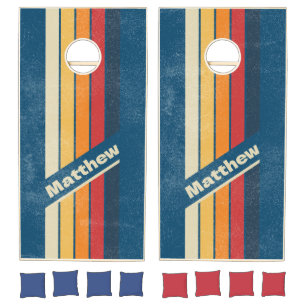 Distressed Vintage Blue Rainbow Pin Striped Name Cornhole Set