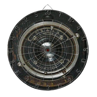 Distressed vintage camera lens dartboard with darts