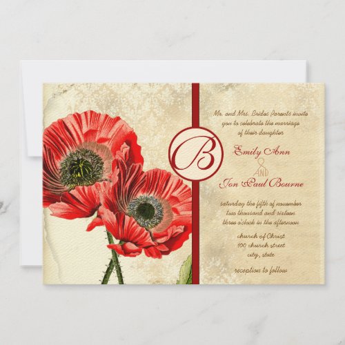 Distressed Vintage Damask Poppy Red Wedding Invite