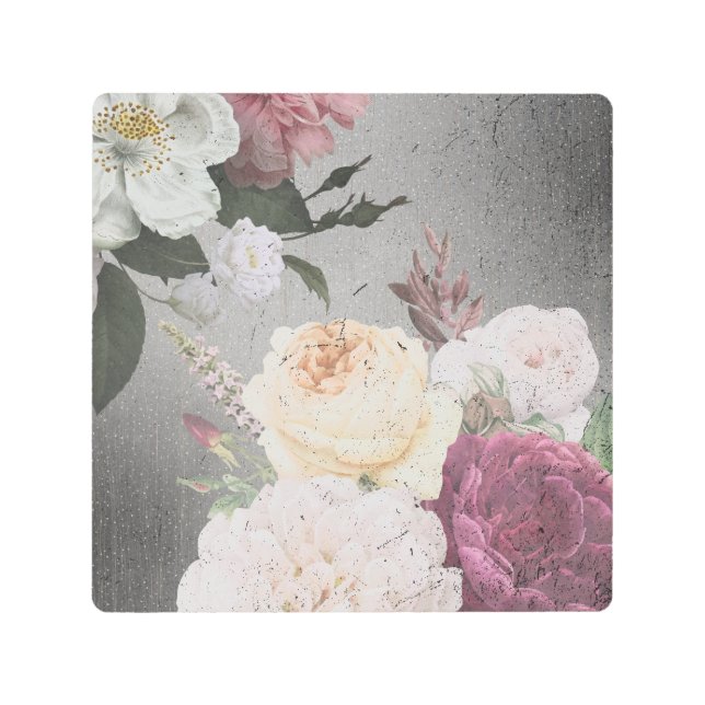 Distressed Vintage Elegant Pink & White Roses Metal Print (Front)
