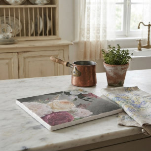 Distressed Vintage Elegant Pink & White Roses Trivet