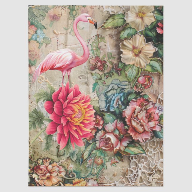 Distressed Vintage Floral & Flamingo Decoupage  Tissue Paper (Front)