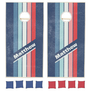 Distressed Vintage Nautical Blue Pin Striped Name Cornhole Set