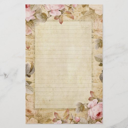 Distressed Vintage Pink Flowers and Music Stationery