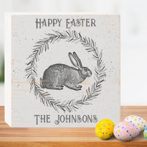 Distressed Vintage Rabbit Happy Easter Wooden Box Sign