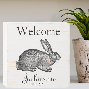 Distressed Vintage Rabbit Welcome Wooden Box Sign