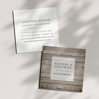 Distressed Vintage Reclaimed Wood Square Business Card by RedwoodAndVine at Zazzle