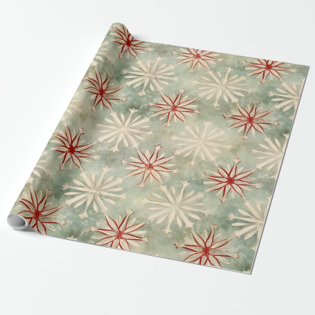 Distressed Vintage Red Green Snowflake Pattern Wrapping Paper (Unrolled)