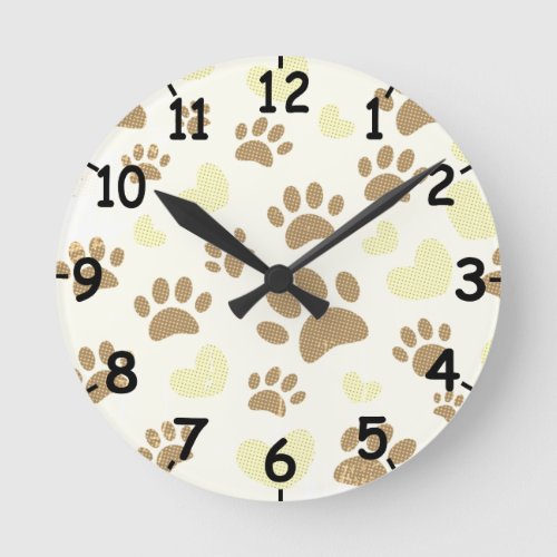 Distressed Vintage Sepia Dog Paw Prints And Hearts Round Clock