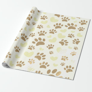 Distressed Vintage Sepia Dog Paw Prints And Hearts Wrapping Paper