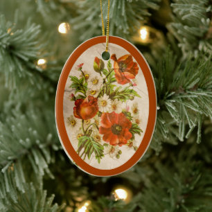 Distressed Vintage Victorian Botanical Red Poppy Ceramic Ornament