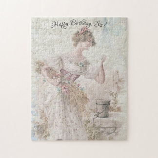 Distressed Vintage Woman Gathering Flowers Grain Jigsaw Puzzle