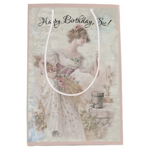 Distressed Vintage Woman Gathering Flowers Grain Medium Gift Bag