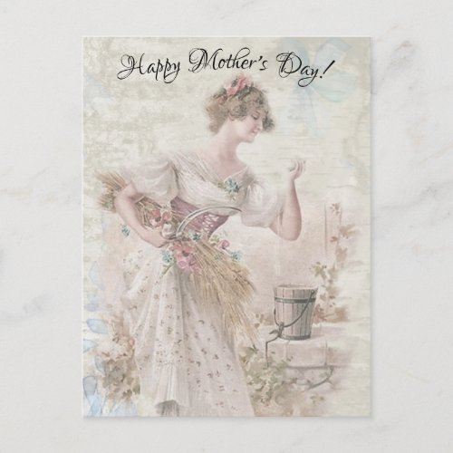 Distressed Vintage Woman Gathering Flowers Grain Postcard