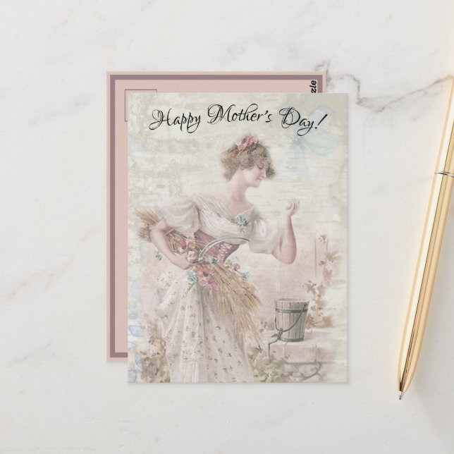 Distressed Vintage Woman Gathering Flowers Grain Postcard (Front/Back In Situ)