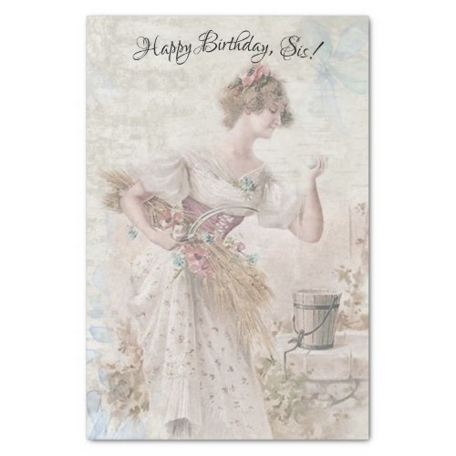 Distressed Vintage Woman Gathering Flowers Grain Tissue Paper