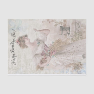 Distressed Vintage Woman Gathering Flowers Grain Tissue Paper
