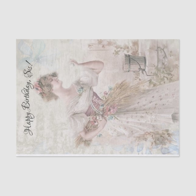 Distressed Vintage Woman Gathering Flowers Grain Tissue Paper (Front)