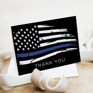 Distressed Watercolor Police Thin Blue Line Letterpress Thank You Card