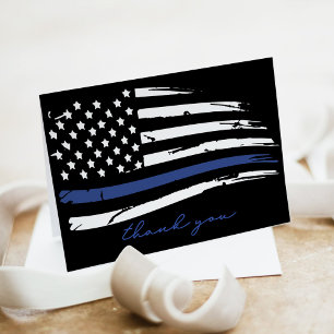 Distressed Watercolor Police Thin Blue Line Letterpress Thank You Card