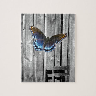Distressed Weathered Wood farmhouse Blue butterfly Jigsaw Puzzle