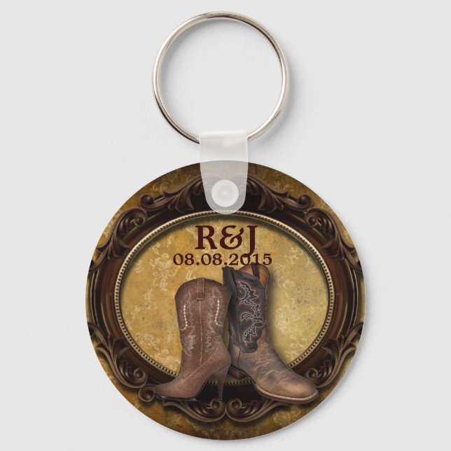 distressed western country cowboy wedding favor keychain (Front)