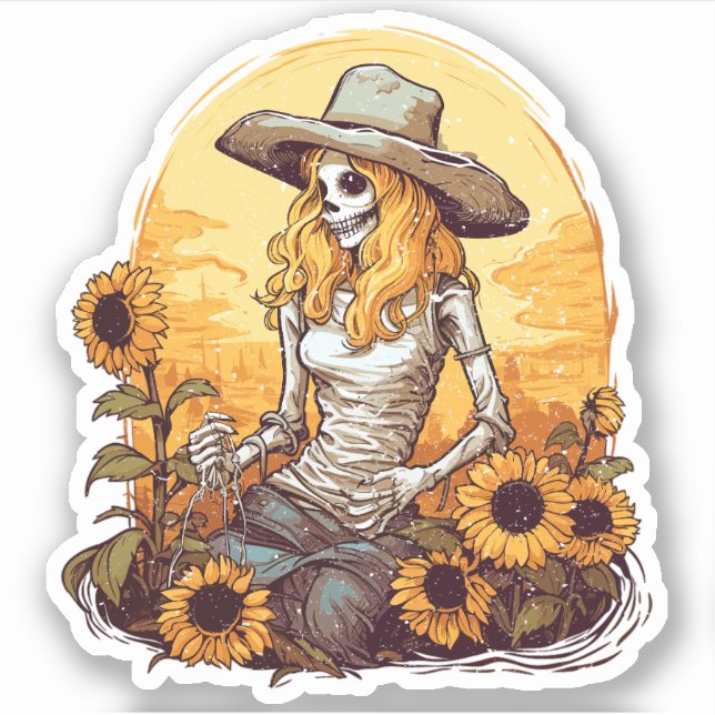 Distressed Western Cowgirl Skeleton and Sunflowers Sticker (Front)