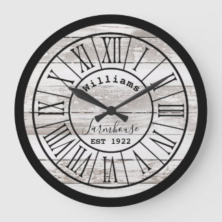 Distressed White Wood Farmhouse Family Name Large Clock