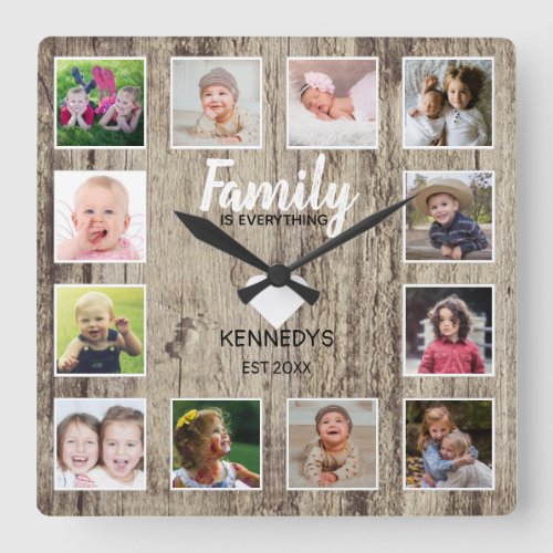 Distressed Wood 12 Photo Collage Family Quote Square Wall Clock
