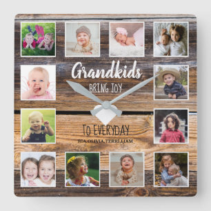 Distressed Wood 12 Photo Collage Grandkids Quote Square Wall Clock
