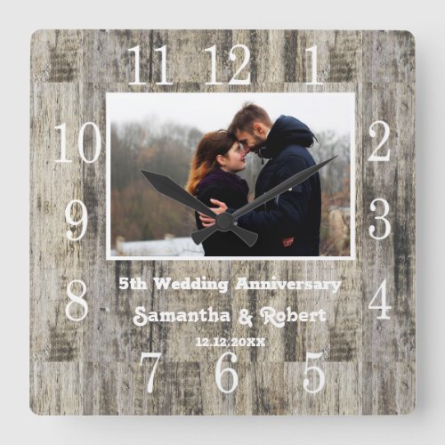 Distressed Wood 5 Year Anniversary Photo Square Wall Clock