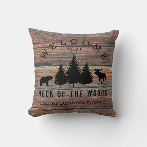 Distressed Wood Cozy Cabin Welcome Family Name Thr Throw Pillow