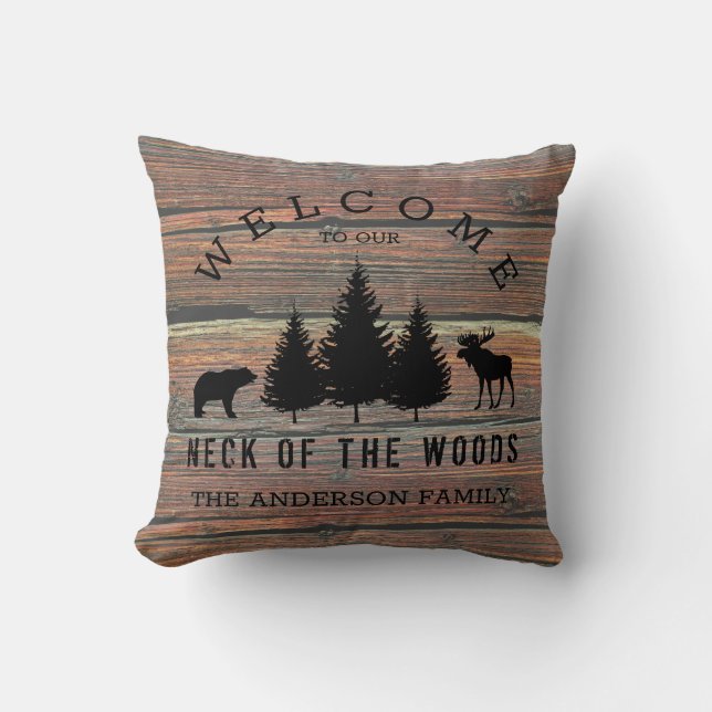Distressed Wood Cozy Cabin Welcome Family Name Thr Throw Pillow (Front)