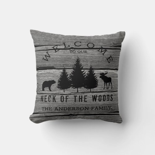 Distressed Wood Cozy Cabin Welcome Family Name Thr Throw Pillow